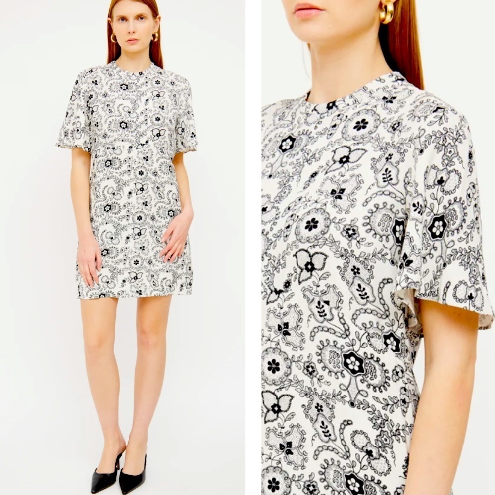 ALC Spencer Silk Floral Print Dress Zipper Back Flutter Sleeve Black/White SZ 6